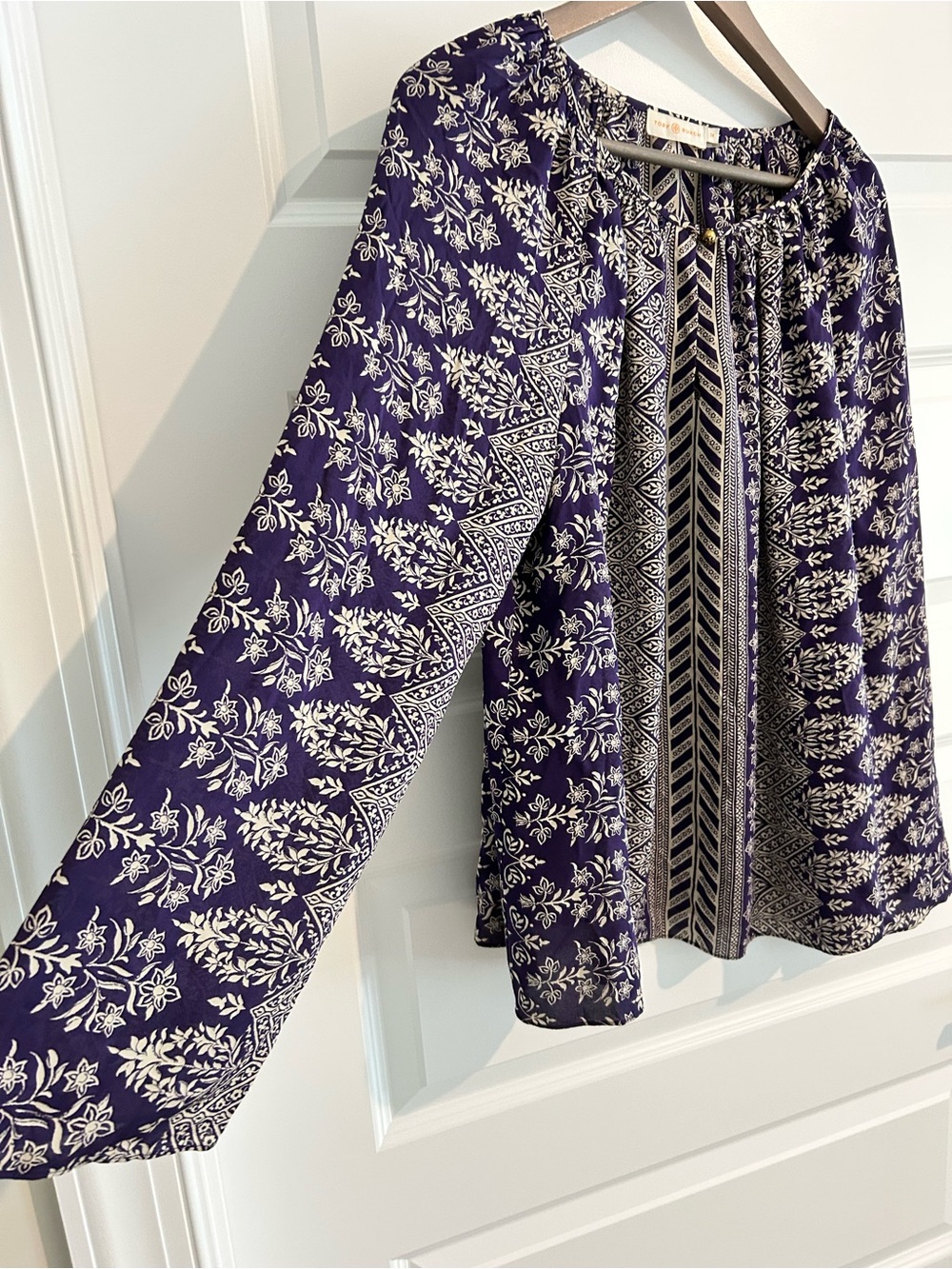Tory Burch Silk Blouse Purple Tan Size 14